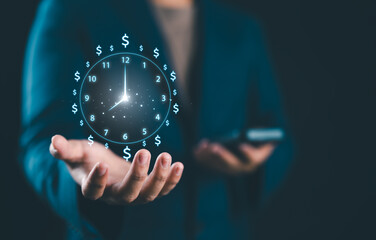 Time management concept, A person holding clock and money icon on interface virtual for business time management. Time is money, work planning increases efficiency and reduces work time.