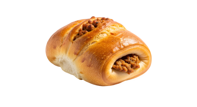 Delicious meat bun isolated on transparent background, a savory pastry perfect for a quick snack or a satisfying meal at any time