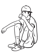 Contemplative Sip: A solitary figure sits deep in thought, cup in hand, lost in the comforting ritual of a quiet moment.