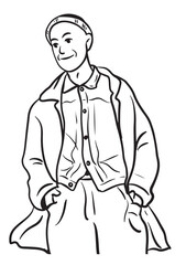 Sketchy Confidence: A pen-and-ink style depiction captures a composed person in an everyday jacket and pants, exuding quiet assurance with a subtle smile.