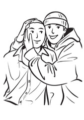 Close embrace: Two individuals share a moment of tender affection in a heartfelt gesture, a line drawing evoking the comfort and security of human connection. 