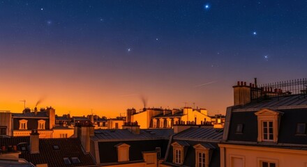 City rooftops under a starry night sky, bathed in the warm glow of twilight, showcasing architectural charm