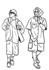 Stylish strolls: A simple illustration showing two figures in trendy attire, each enjoying a beverage, while they stroll along.