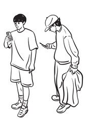 Fototapeta premium Illustration of Young People with Phones: Two young people in a clean and minimalist illustration, are absorbed in their phones, depicted in simple lines and shades.