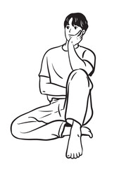 Contemplative Man: A detailed illustration of a man lost in thought, seated on the floor, hand supporting his chin, reflecting inner peace.