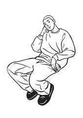 A Contemplative Pose: A poised individual sits in a moment of introspection, captured in a clean line drawing. 