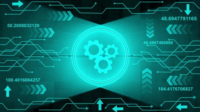 Management setting gear maintenance and fixing symbol digital concept. Futuristic neon tech interface cyber technology circle dashboard setting, virtual machine learning icon. 4k video animation. 