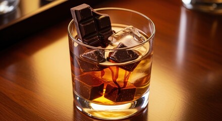 Cocktail in rocks glass with ice cubes and chocolate pieces on a wooden surface