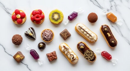 Exquisite assortment of small pastries, chocolates, & candies laid out on a white marble surface
