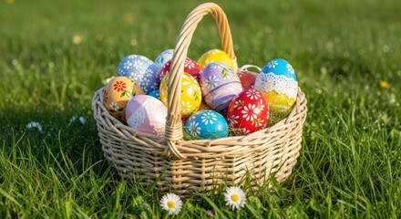 A wicker basket overflowing with colorful, decorated Easter eggs sits in a grassy field