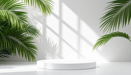 Minimalist white podium with lush palm leaves and natural shadows on a pristine wall, perfect for serene product showcases