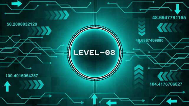 Level-08 text glowing animation with technology background. Level-08 text glowing animation. technology abstract background of animation concepts.