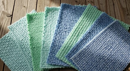 Close-up shot of a collection of colorful textured cleaning cloths in varying shades of blue and green neatly stacked on a wooden surface