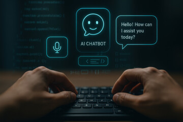 AI chatbot interface with hands typing on keyboard, digital assistant concept
