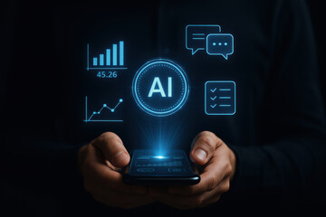 AI technology concept with smartphone and digital icons showing data and communication