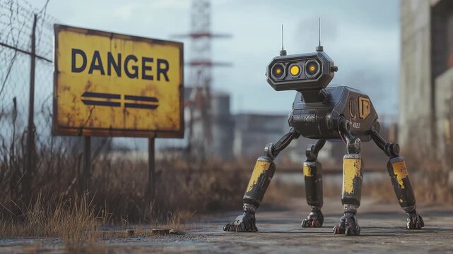 Futuristic four-legged robotic dog with advanced AI technology stands in desolate industrial danger zone beside a yellow warning sign, blending modern robotics innovation with post-apocalyptic scenery