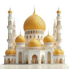Fototapeta premium Ornate White And Gold Mosque With Multiple Domes And Tall Minarets Against A Transparent Background