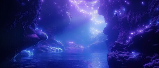 Ethereal cave lake: glowing lights illuminate rocky formations in a dreamlike blue and purple landscape