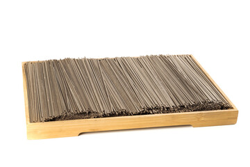 Dry Buckwheat Soba Noodles in Wooden Tray - Traditional Japanese Pure Ryuushu Noodles for Healthy Cooking