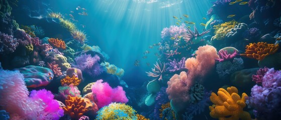 Vibrant underwater coral reef scene with sunbeams and diverse marine life