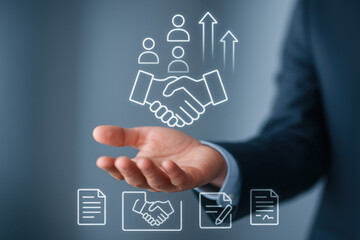 Business handshake icon with hand and document icons, symbolizing partnership growth and success