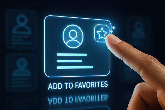 Add to favorites concept with finger pressing glowing star icon on digital interface