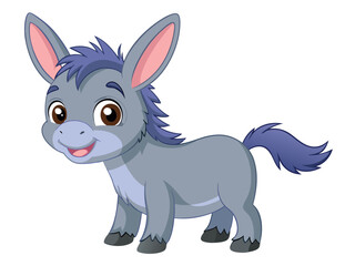 Cartoon donkey isolated on white background, with a cute and friendly expression and a gray and blue coat of fur