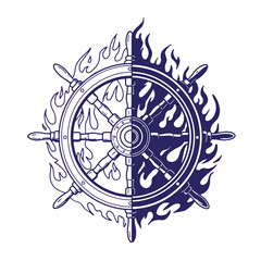 Obraz premium Stylized illustration of a burning ship wheel in navy blue color on a white background
