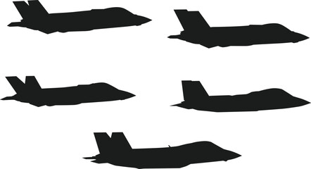 Silhouettes of modern fighter jets, stealth aircraft side views, military aviation, advanced air force planes, sleek combat jet vector illustration.