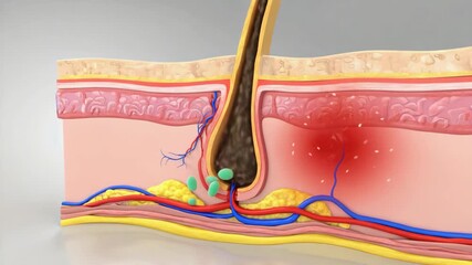 Detailed 3D medical illustration of inflamed hair follicle with skin layers, showing redness, swelling, sebaceous gland infection, blood vessels, and anatomical cross-section for dermatology education