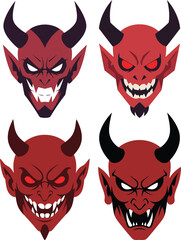 Four Distinctive Devilish Faces with Horns Fangs and Fiery Expressions.