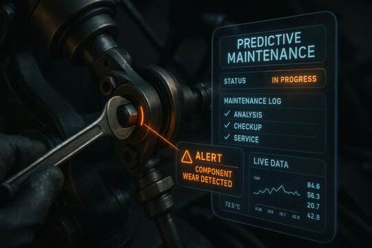 Predictive maintenance system showing alert for component wear detected on mechanical part