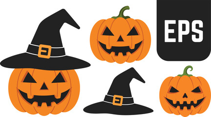 Halloween Jack O Lanterns with Witch Hats Festive Cartoon Pumpkins.