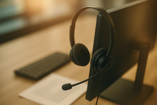 Black headset with microphone hanging on computer monitor in office environment