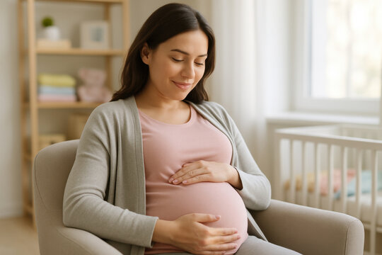 Peaceful pregnant woman sitting in armchair gently touching her belly in a bright nursery - Powered by Adobe