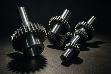 Precisely machined metal shaft gears gleaming under focused studio light