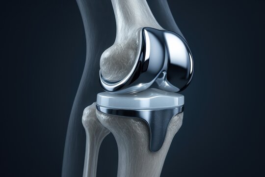 Detailed 3D illustration of a human knee joint with prosthetic replacement