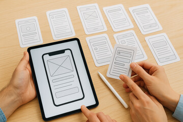 Obraz premium Mobile app wireframe design tablet with paper prototypes and stylus for user interface planning