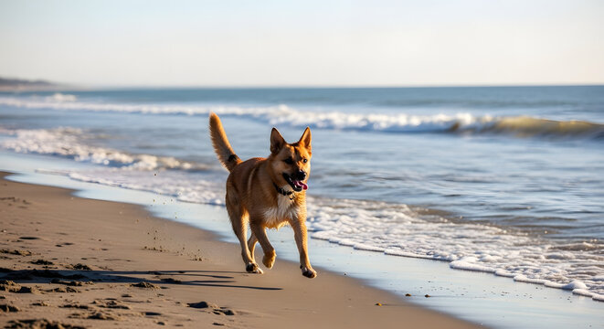 Energetic canine companion frolicking freely along the sandy shore, waves gently caressing the coastline creating a scene of pure joy and unbounded exuberance on a sunny day near the ocean
