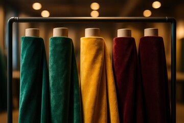 Multiple rolls of luxurious velvet textile fabric in emerald green, golden yellow, and deep maroon colors on a metal rack