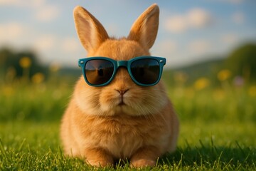Fluffy reddish brown rabbit wearing stylish teal sunglasses on vibrant green grass