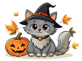 Cute gray kitten wearing a witch hat sitting next to a carved pumpkin isolated on white background