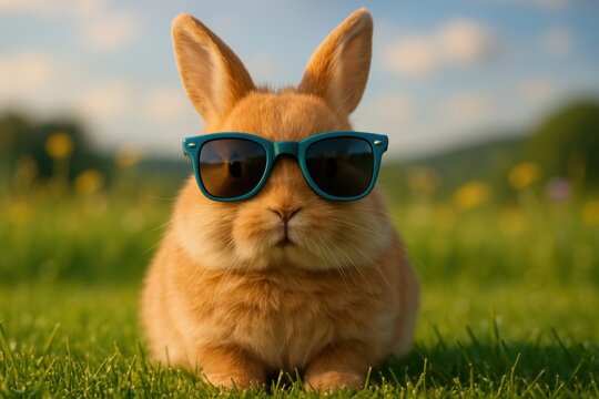 Fluffy reddish brown rabbit wearing stylish teal sunglasses on vibrant green grass - Powered by Adobe