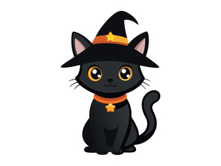 Cartoon black cat wearing a witch hat with orange star isolated on white background