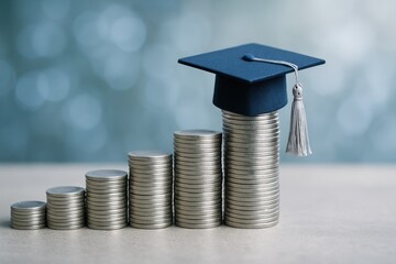 Navy blue graduation cap on increasing stacks of silver coins representing education cost and investment.