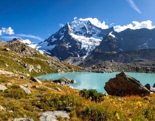 Alpine lake nestled at the foot of a snow-capped peak