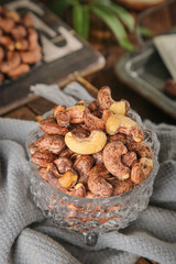 Traditional Vietnamese Cashew Nuts in Crystal Bowl - Fresh Roasted Nuts Market Display