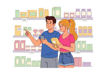 Couple shops for groceries in a store aisle. Suitable for marketing campaigns related to grocery stores, shopping, romance, and lifestyle.