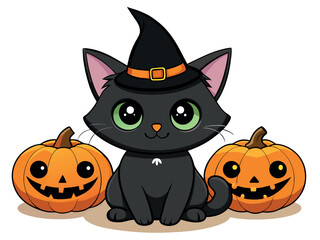 Cute black cat with witch hat sitting between two carved pumpkins isolated on white background
