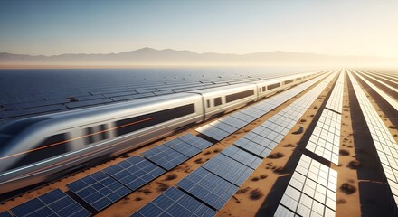 Futuristic High-Speed Train Gliding Past Vast Solar Panel Array Under Golden Sunset.